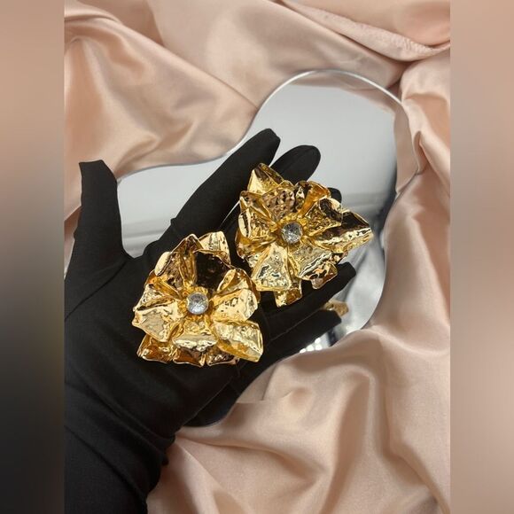 Gold Floral Statement Earrings with Crystal Center” - Picture 6 of 8